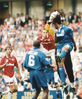 Images Dated 26th August 1995: Middlesbrough Jan Fjortoft in an ariel battle in the Chelsea goal mouth