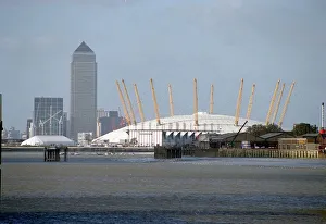 Millennium Dome and Canary Wharf London Nov 1999 pictured from the Thames Barrier Millennium Dome and Canary Wharf London Nov 1999 pictured from the Thames Barrier