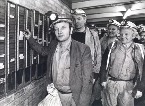 Miner Ken Black clocking off the last underground shift at Bates Pit, Blyth in May 1986 Miner Ken Black clocking off the last underground shift at Bates Pit, Blyth in May 1986