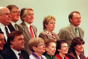 00000 Prints: Labour Party NEC Millbank Tower London Group Print 24/3/98