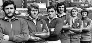 00017 Prints: Rugby Print: Six Welsh Players at Cardiff Arms Park, 16th January 1975