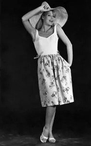 Vintage Beachwear Prints: Clothing Beachwear. Knee-length floral skirt, vest top and large brimmed hat