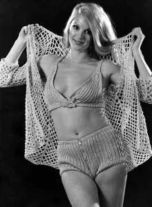 Retro Swimwear Designs Prints: Maltese Fishermens nets inspired the openwork pattern of this hand-crocheted beach