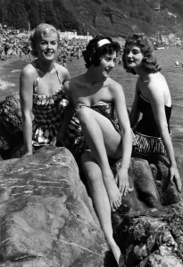 00036 Prints: Print of three women sunbathing on a Devon beach in summer 1958
