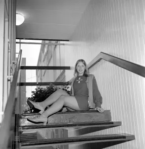 00036 Prints: Linda Sewell Print, 18-year-old girl in mini skirt on steps, December 1969