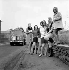 00038 Prints: Fashion Clothing Print: Six Girls in Mini Skirts Near Clitheroe