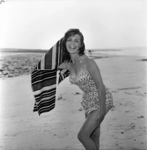 Retro Swimwear Fashion Prints: Beach Glamour: Having holiday fun in the sun at Minnis Bay near Margate, Kent