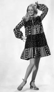 00039 Prints: Jenny Clare models a rainbow-coloured smock frock print