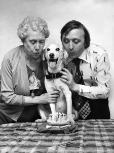 Vintage Animal Photos Prints: Bruno the dog celebrating his 22nd Birthday with his owner Ken and Kens mother