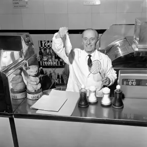 00043 Prints: Print of Mr. John Leeman in a fish and chip shop