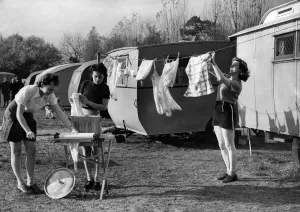 00043 Prints: World War II Women Print: ATS Members Washing Clothes at a Caravan Campsite