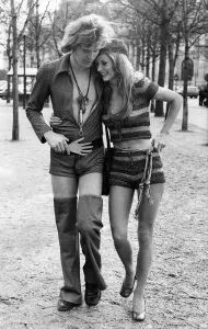 Prints of Paris Fashions 1971: British model Vicki Hodge wearing multi-coloured shorts, top and beret by Loris Azzaro (designer) Fashion Prints: Paris Fashions Print: Vicki Hodge in Multi-Coloured Shorts