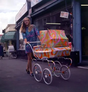 00047 Prints: Sixties Fashion Print: 1960s Woman with Psychedelic Paisley Pram