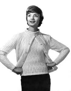 60s Fashion Trends Prints: Reveille Fashions: Cable set. Cardigan over matching jumper. February 1961 P006859