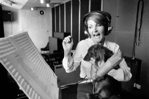 00062 Prints: Print of Actress Penelope Keith with a Dachshund