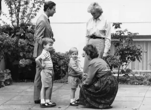 00066 Prints: Prince Charles, Princess Diana and Children Meet Headmistress Print 1987