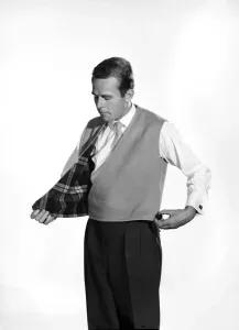 Men's Fashion 1960s Prints: Model Robert Chettle wearing reversable waistcoat. 1960