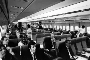 London Airport Arrivals Prints: The huge interior of the Boeing 747 jumbo jet, after its arrival at London Airport