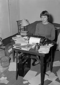00089 Prints: 1950 Print of Emma Smith at Home with Typewriter