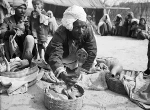 00089 Prints: Snake Charmers in Poonah Market Print, April 1959