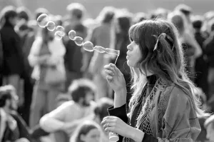 A Hippy Girl Blowing Bubbles Print, Hyde Park 1969