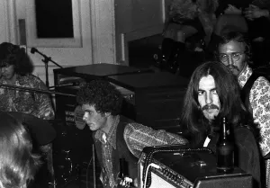 Black and white print of George Harrison at a concert