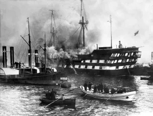 00096 Prints: The Training Ship Wellesley on Fire in the Tyne, 1914 Print