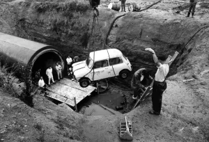 00097 Prints: A Mini lowered into Coventry Sewers Print 26th September 1968
