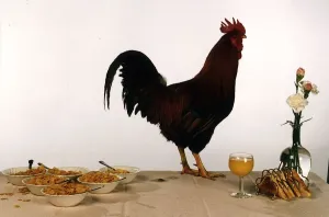 00098 Prints: Print of a Cockerel on a Table with Breakfast Items, 1993