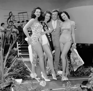 Vintage Swimwear Models Prints: British singer and actor Gary Miller with beauty queens left to right: Gail Sheridan