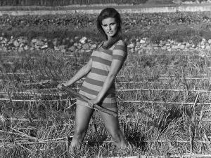 Raquel Welch Print: Striped Mini Dress and Pitchfork, 1966