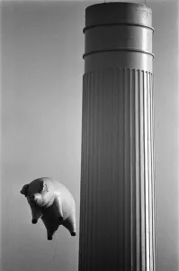 Prints of Pink Floyd Inflatable Flying Pig at Battersea Power Station in London during filming of pop video promo. December 1976 United Kingdom Prints: Pink Floyd Inflatable Flying Pig Print, Battersea Power Station 1976