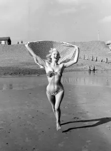 Retro Swimwear Designs Prints: A model wearing a bikini as she enjoys the sun on the beach at Hove March 1959