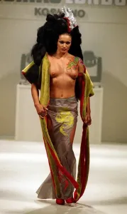 Prints of Nikki Diamond former Gladiator Scorpio modelling Michiko Koshino design London Fashion Week March 1996 London Fashion Week Prints: Nikki Diamond as Scorpio at London Fashion Week Print 1996