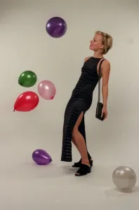 Women's Fashion Clothing Prints: Party Dress fashion shots with balloons, December 1997