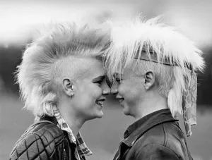 Youth Culture Of The 80s Prints: Punks Wendy Darlow and boyfriend Martyn Hawden 1985 bleached Mohican haircuts