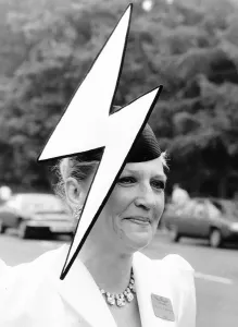 80s Fashion Prints: Fashionable racegoer with lightning hat at Royal Ascot June 1986