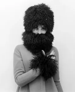 60s Fashion Trends Prints: Mary Quant fashion clothing Wool coat with afro fur trim on cuffs
