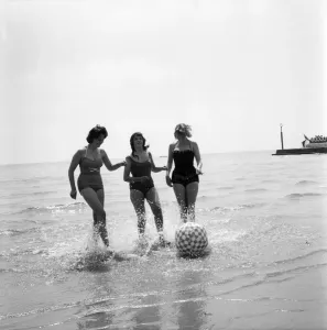 Retro Swimwear Fashion Prints: Bathing Girl: Glamour on the Clacton Beach: L. to R. Christine Reynolds, 18