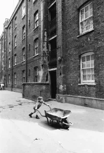Prints of Two and a half year old Darren Haydn plays with his wheelbarrow outside the Great Eastern Buildings in Stepney, East London. 11th May 1976 Slums Prints: 1976 Wheelbarrow Play in East London Print
