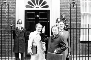 Prints of Filming of BBC TV Programme Yes Minister, outside the Department of Administrative Affairs and No. 10 Downing Street, London, 23rd October 1982. Cast members: Paul Eddington as MP Jim Hacker Related Prints: Yes Minister Filming Print, London 1982
