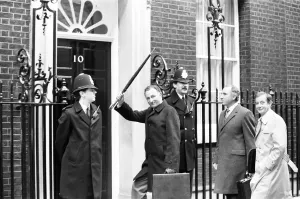 Prints of Filming of BBC TV Programme Yes Minister, outside the Department of Administrative Affairs and No. 10 Downing Street, London, 23rd October 1982. Cast members: Paul Eddington as MP Jim Hacker United Kingdom Prints: Yes Minister Filming Print, London 1982