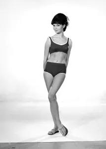 Vintage Beachwear Prints: Clothing: Fashion: Beachwear: Model Meriel Weston seen here modelling swimming costumes