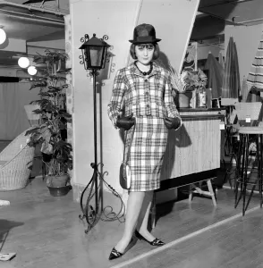 Fashion In The 60s Prints: Clothing: Fashion: Paris: Woman modelling the latest 1963 French clothes designs in Paris