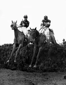 Prints of Teal (Jockey in spotted shirt) and Legal joy take the last fence in the 1952 Grand National. Teal went on to win the race with Legal Joy coming in second. 5th April 1952 0400to0499 Prints: 1952 Grand National Print: Teal's Historic Win