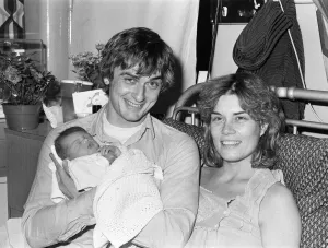 Mike Oldfield with newborn baby Molly Print 1979