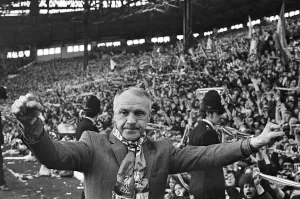 Prints of Liverpool manager Bill Shankly celebrates as his side become League champions following their goalless draw with Leicester City at Anfield. 28th April 1973 0400to0499 Prints: Bill Shankly Celebrates 1973 League Champions Print