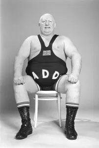 Prints of Wrestler Shirley Crabtree alias Big Daddy, poses in the Mirror studio. February 1979 0400to0499 Prints: Big Daddy Print - Mirror Studio 1979