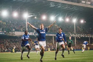 Prints of Barclays Premier League match at Goodison Park. Everton 2 v Liverpool 0. Duncan Ferguson celebrates after he scored his first goal for Everton in the Merseyside derby. 21st November 1994 Merseyside Prints: Everton 2 v Liverpool 0, Goodison Park Print, November 1994