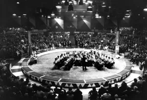 Prints of The youth of Glossop School Band to play the last music in the Kings Hall at Belle Vue before it is torn down. February 1982 Greater Manchester Prints: Glossop School Band at Belle Vue Kings Hall Print 1982